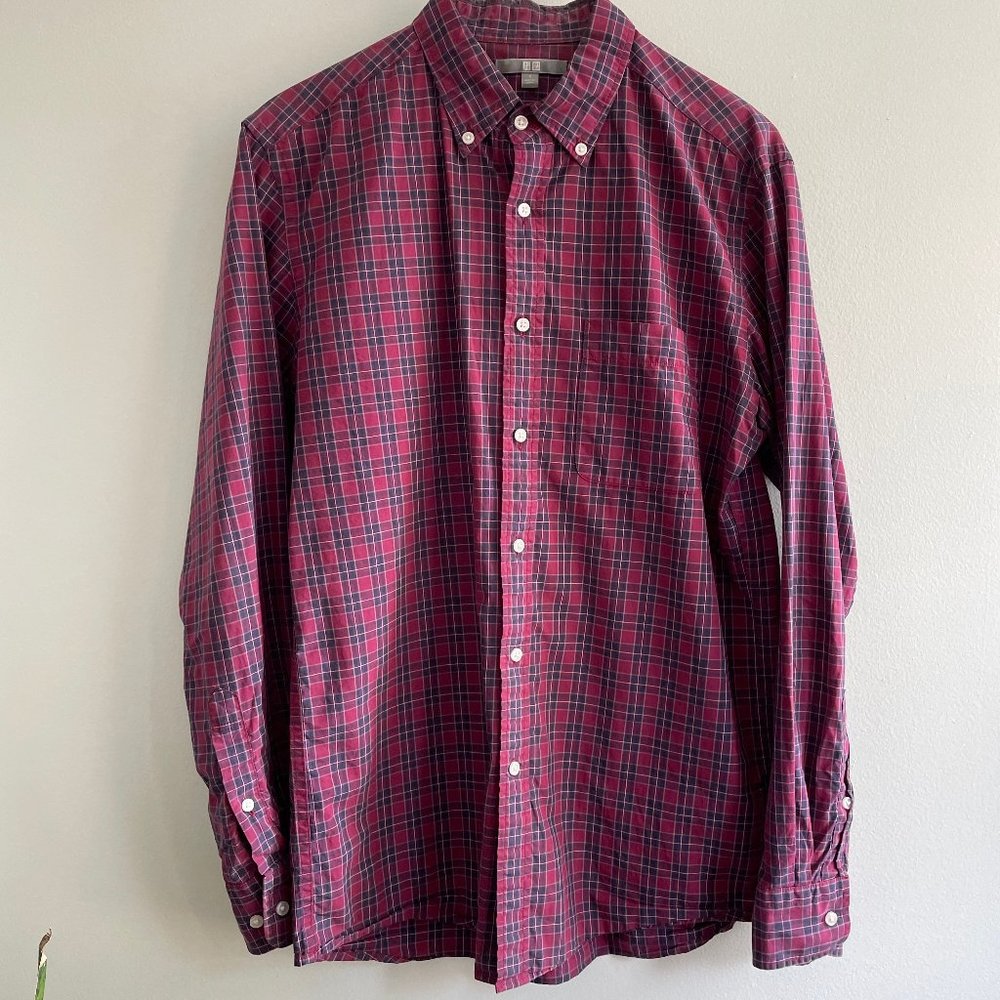 Uniqlo Mens S Long Sleeve Red Checked Casual Button Down